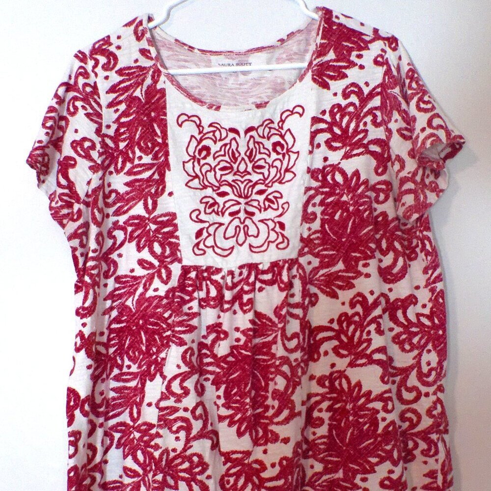Laura Scott Red White Floral Top Women’s XL 100% Cotton Short Sleeve Casual Blou